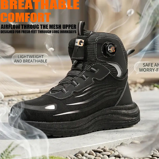 Black unisex steel toe work safety shoe with quick-lacing system