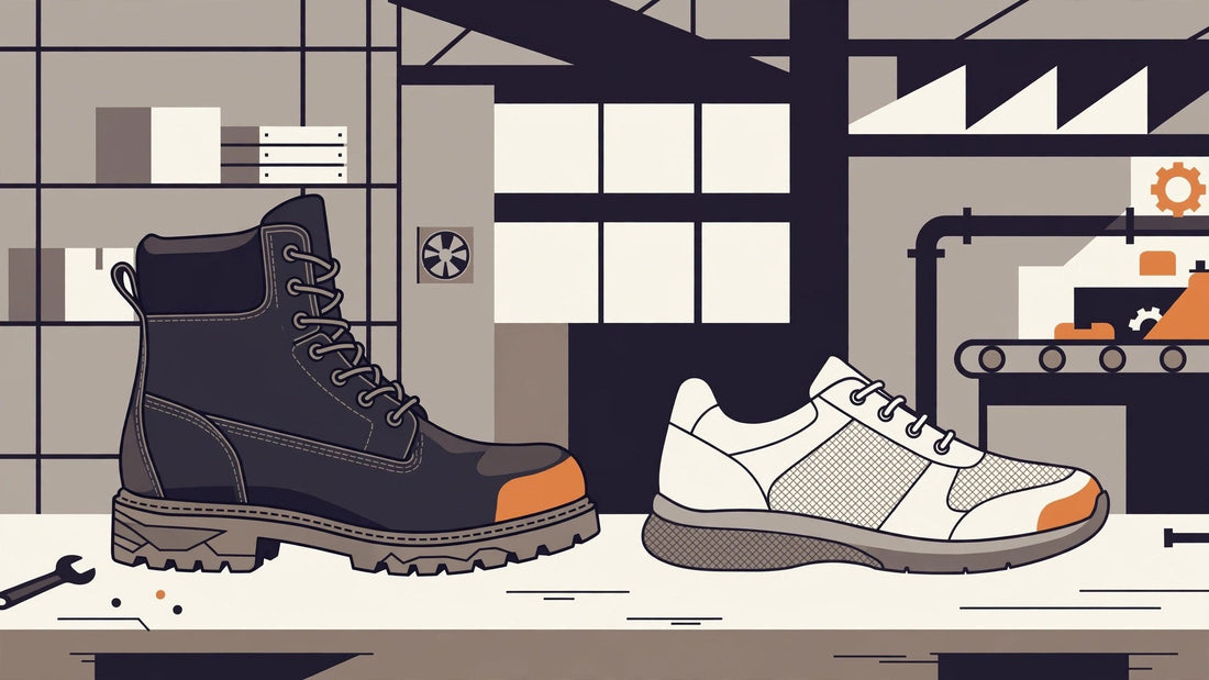Illustration: a work boot and a safety sneaker on a factory workbench