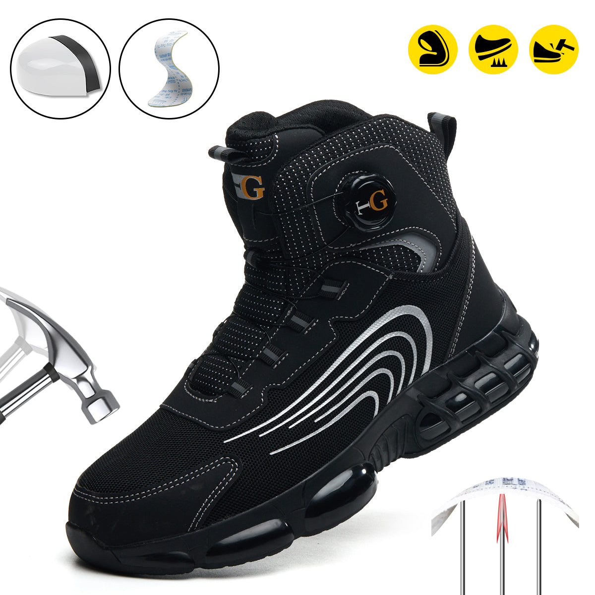 Men's Mid-Top Safety Shoes, Lightweight Cloth Lace-Up Work Sneakers with a Puncture-Resistant Sole and Composite Round Toe for Outdoors, Chic, Laces, Composite Toe, Work & Safety Footwear, Striped