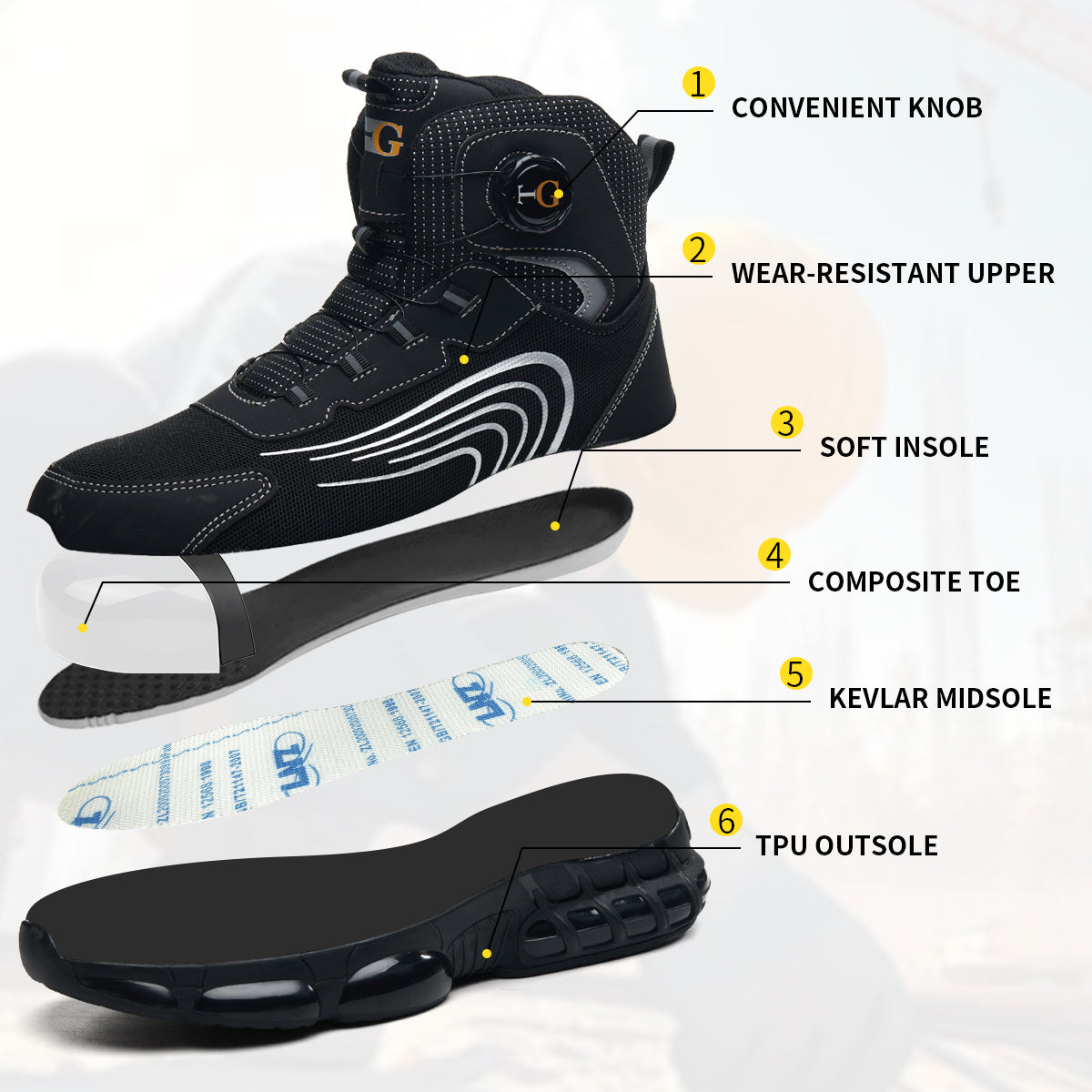 Men's Mid-Top Safety Shoes, Lightweight Cloth Lace-Up Work Sneakers with a Puncture-Resistant Sole and Composite Round Toe for Outdoors, Chic, Laces, Composite Toe, Work & Safety Footwear, Striped