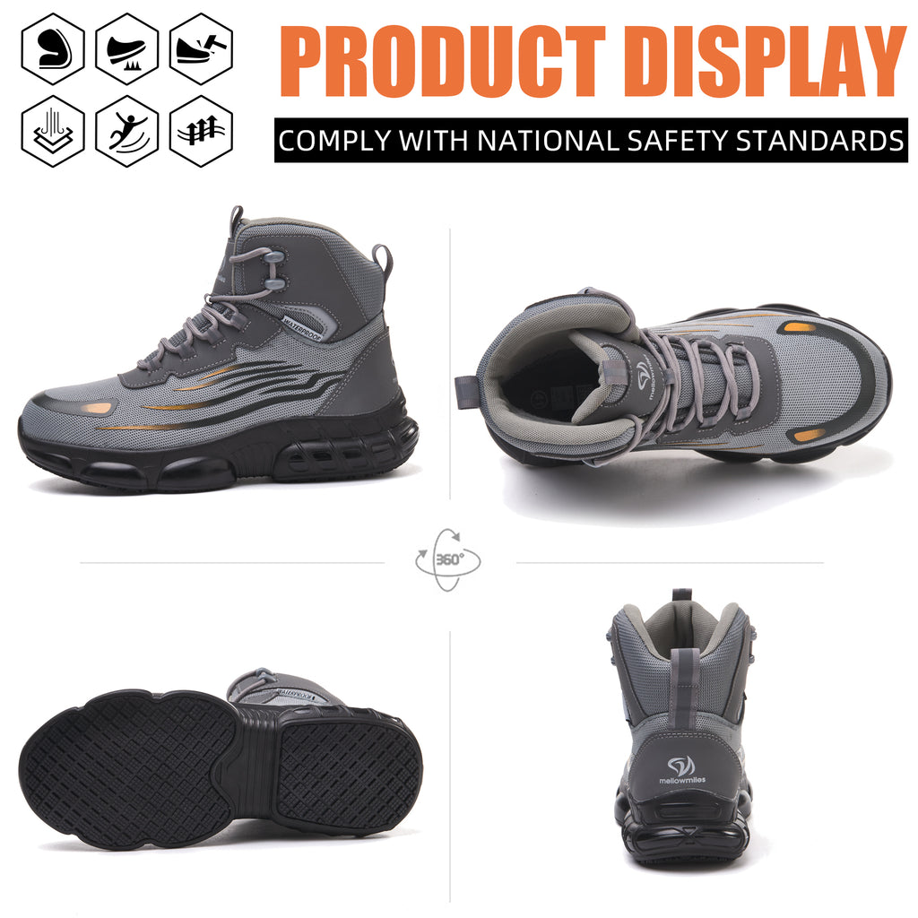 MellowMiles Men's Steel Toe Work Shoes - Waterproof (72H) Puncture Resistant Slip Resistant Flyknit Safety Sneakers Lightweight Comfortable Walking Shoe Construction Boots Walking Shoes Boy Footwear Closed Worker