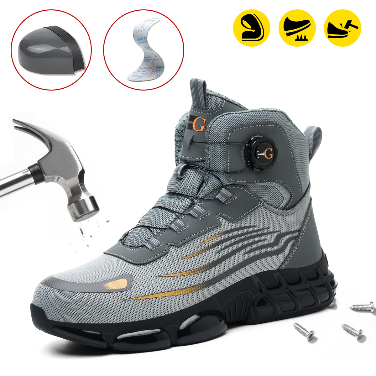 Men's Lace-Up Mid-top Puncture & Smash Resistant Safety Shoes, Lightweight Steel Toe Sneakers, Non-slip Safety Shoes, Puncture-resistant Composite Steel Toe Shoes, Boy