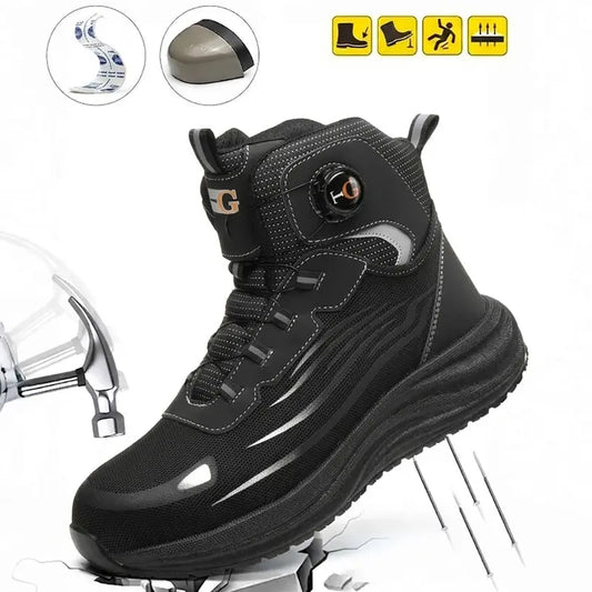 Black unisex steel toe work safety shoe with quick-lacing system